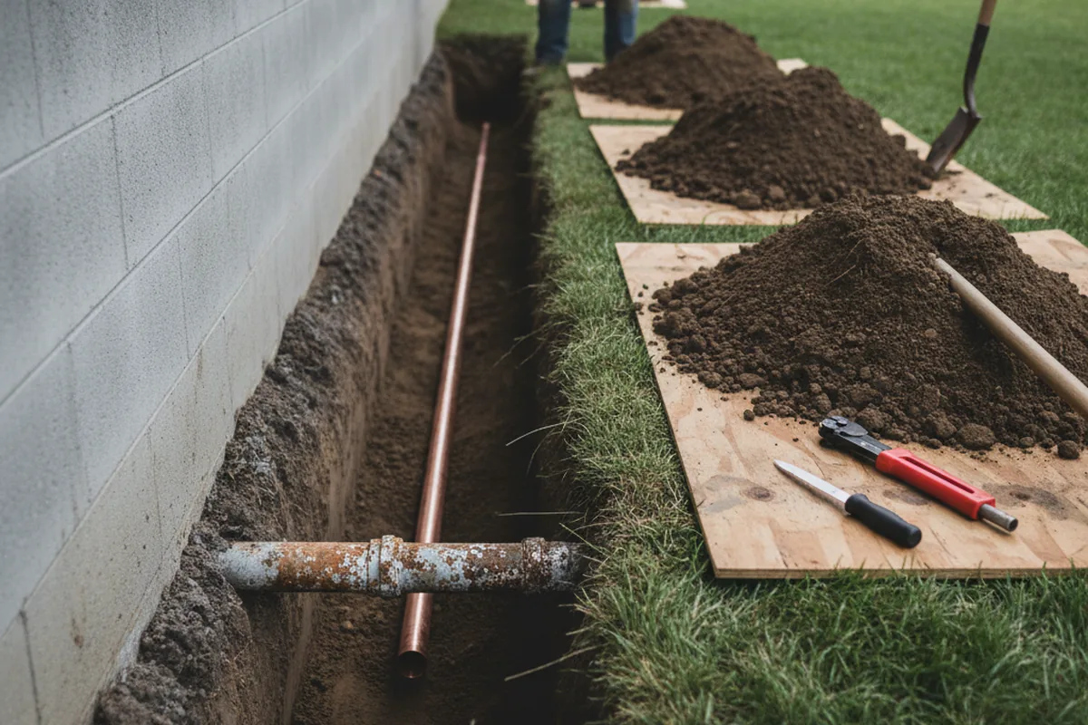 Excavated water line trench during Sewer Line Repair in Abilene